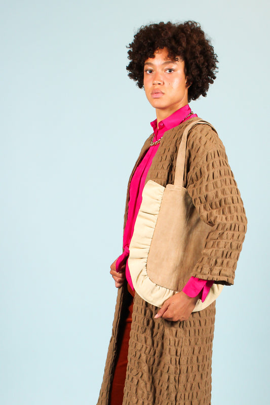 Ruffle Suede Mini Shoulder Bag in Toffee & Cream