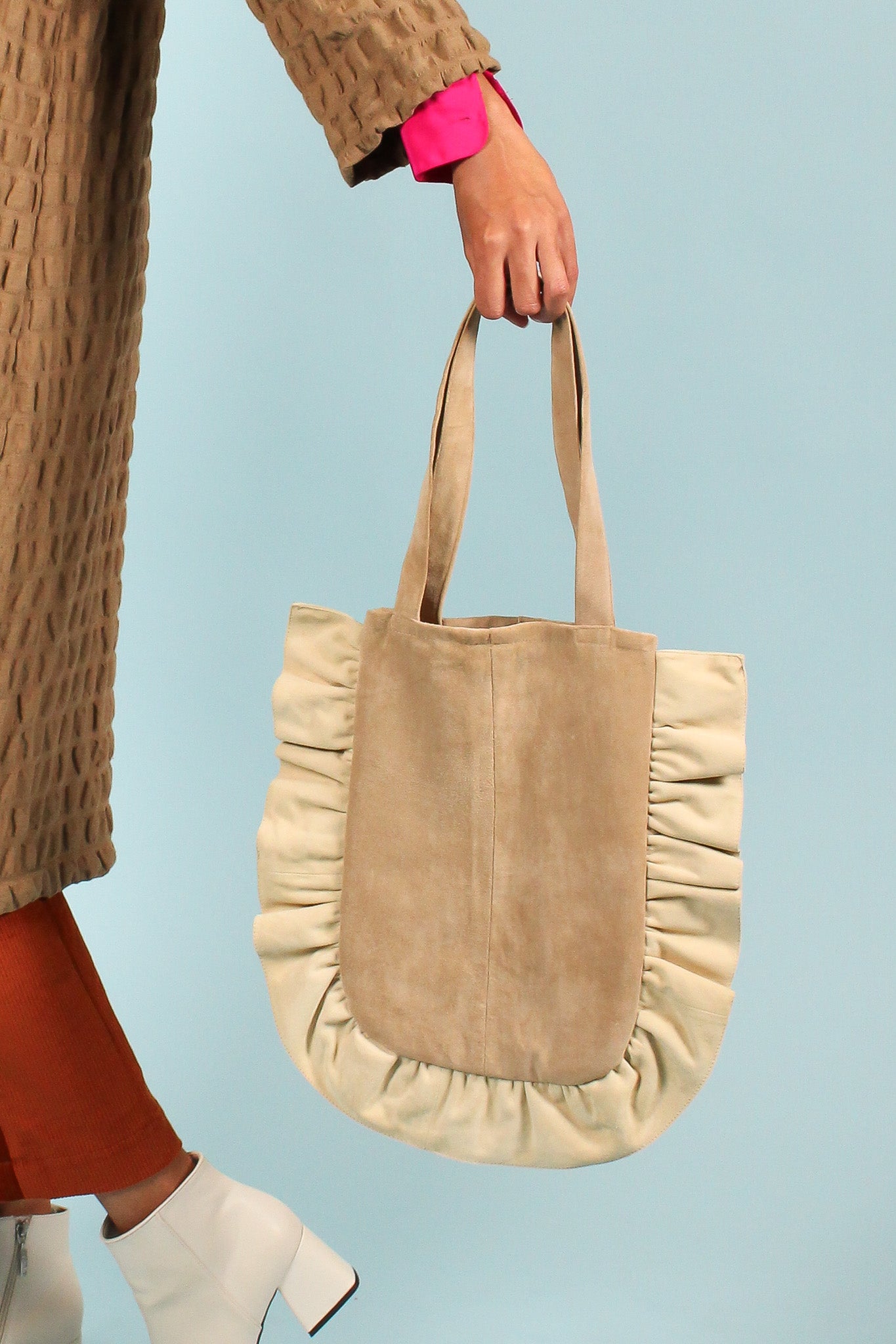 Ruffle Suede Mini Shoulder Bag in Toffee & Cream