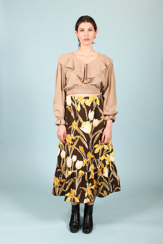 Redesigned Ruffle Crop Silk Shirt in Latte Size M