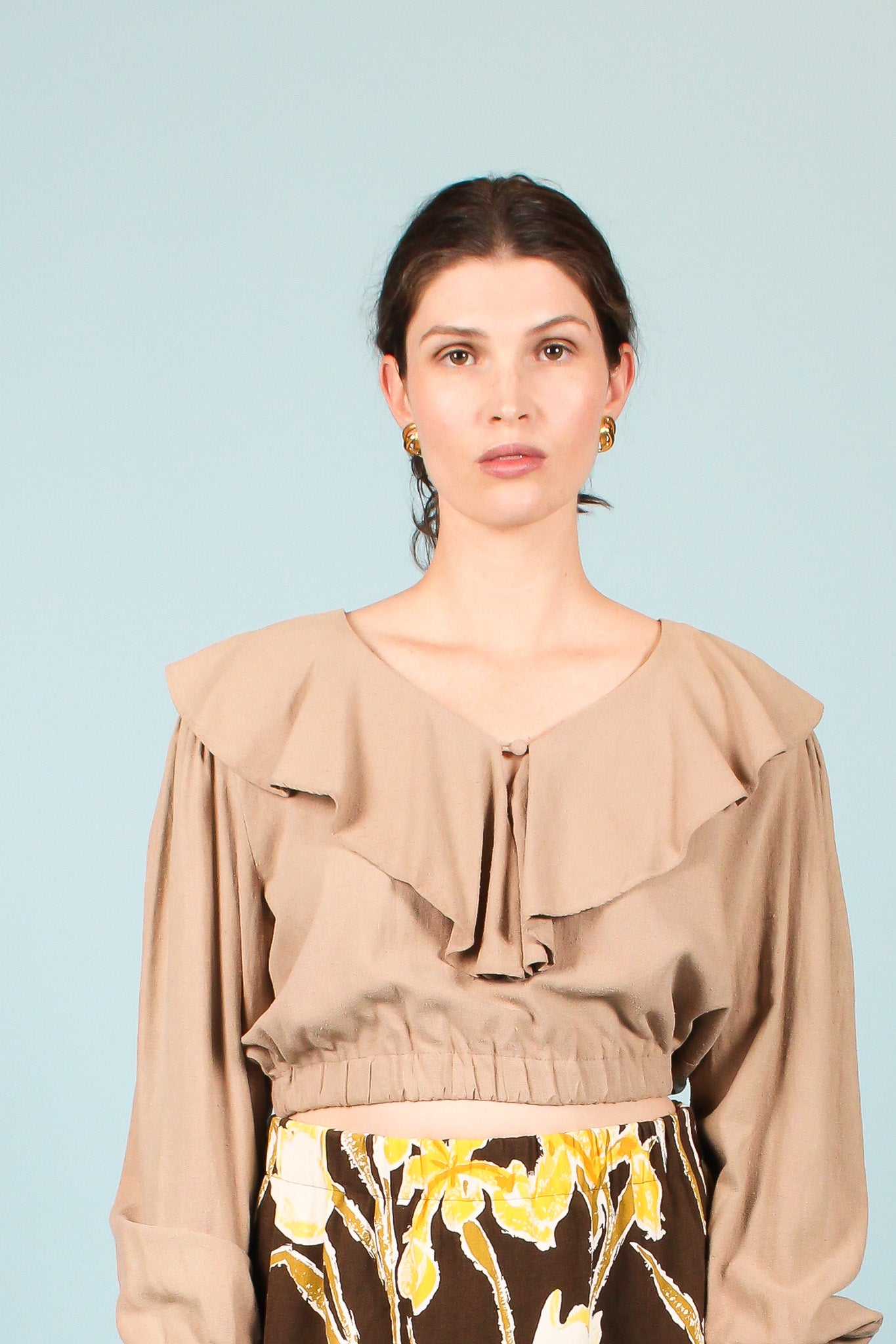 Redesigned Ruffle Crop Silk Shirt in Latte Size M