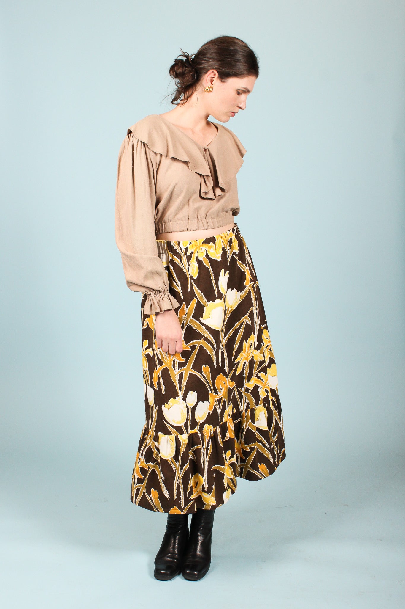 Redesigned Ruffle Crop Silk Shirt in Latte Size M