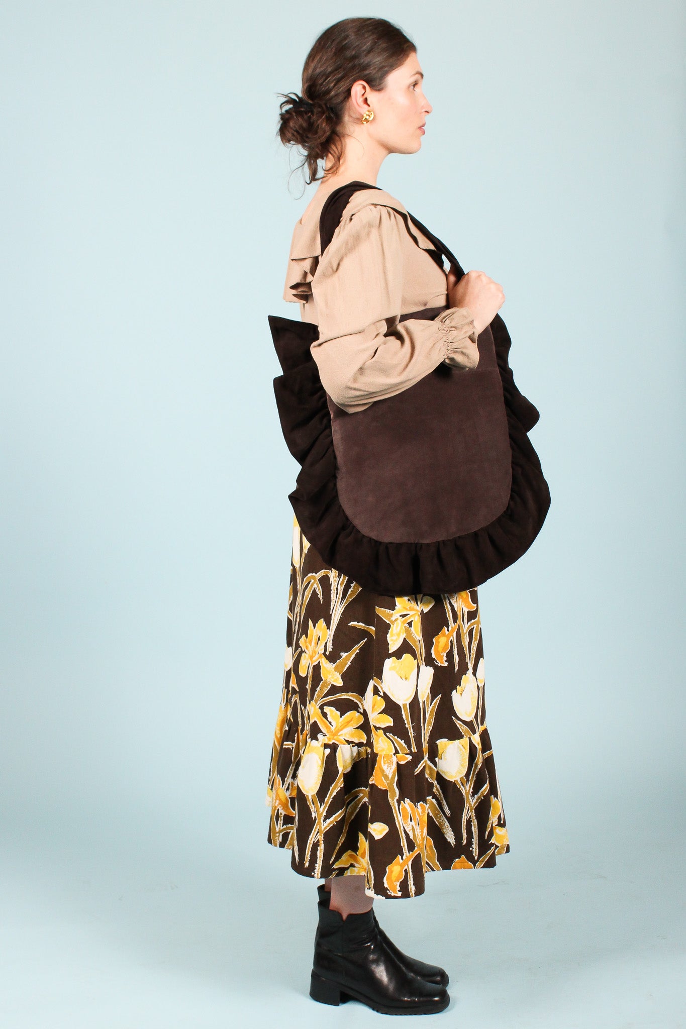 Ruffle Suede Shoulder Bag in Truffle & Chocolate