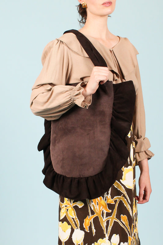 Ruffle Suede Shoulder Bag in Truffle & Chocolate