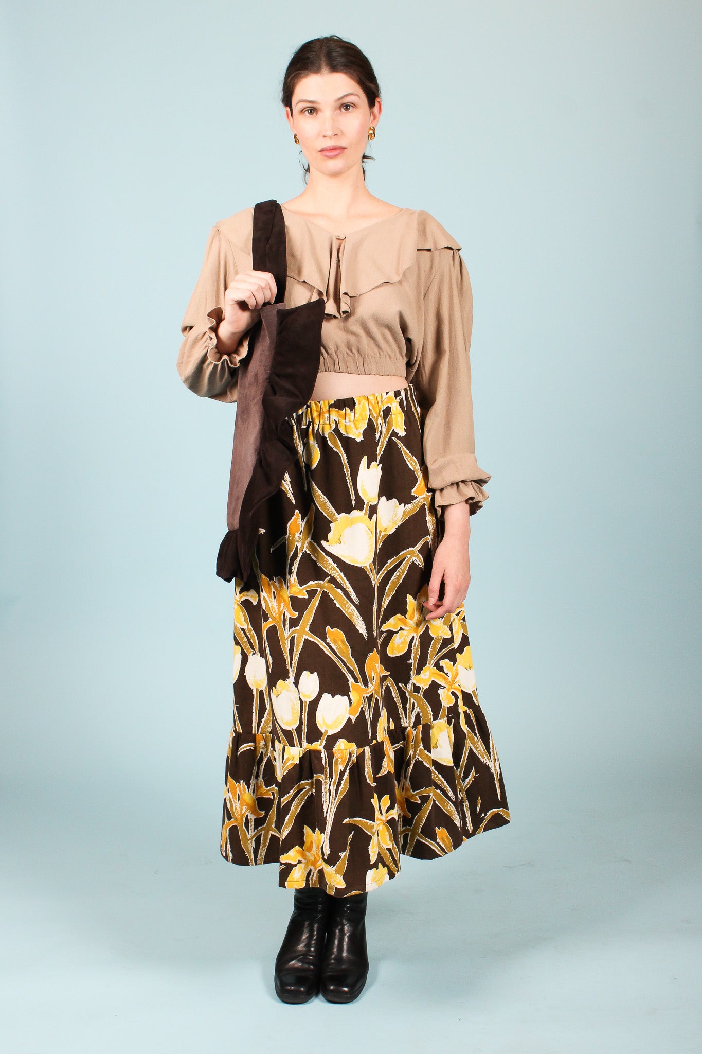 Ruffle Suede Shoulder Bag in Truffle & Chocolate