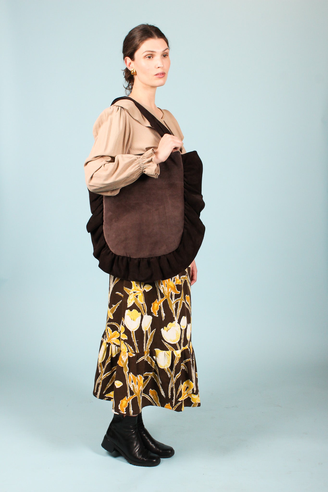 Ruffle Suede Shoulder Bag in Truffle & Chocolate