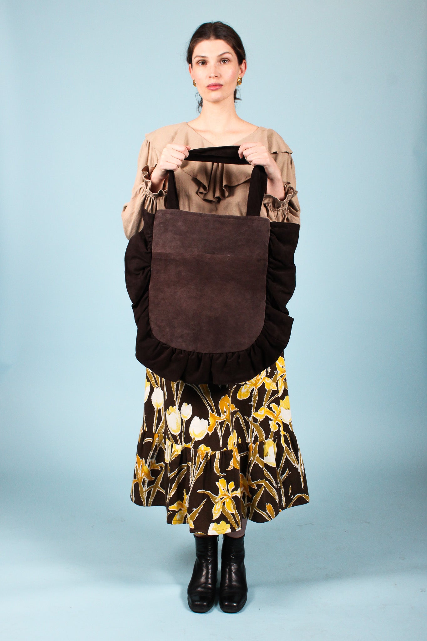 Ruffle Suede Shoulder Bag in Truffle & Chocolate