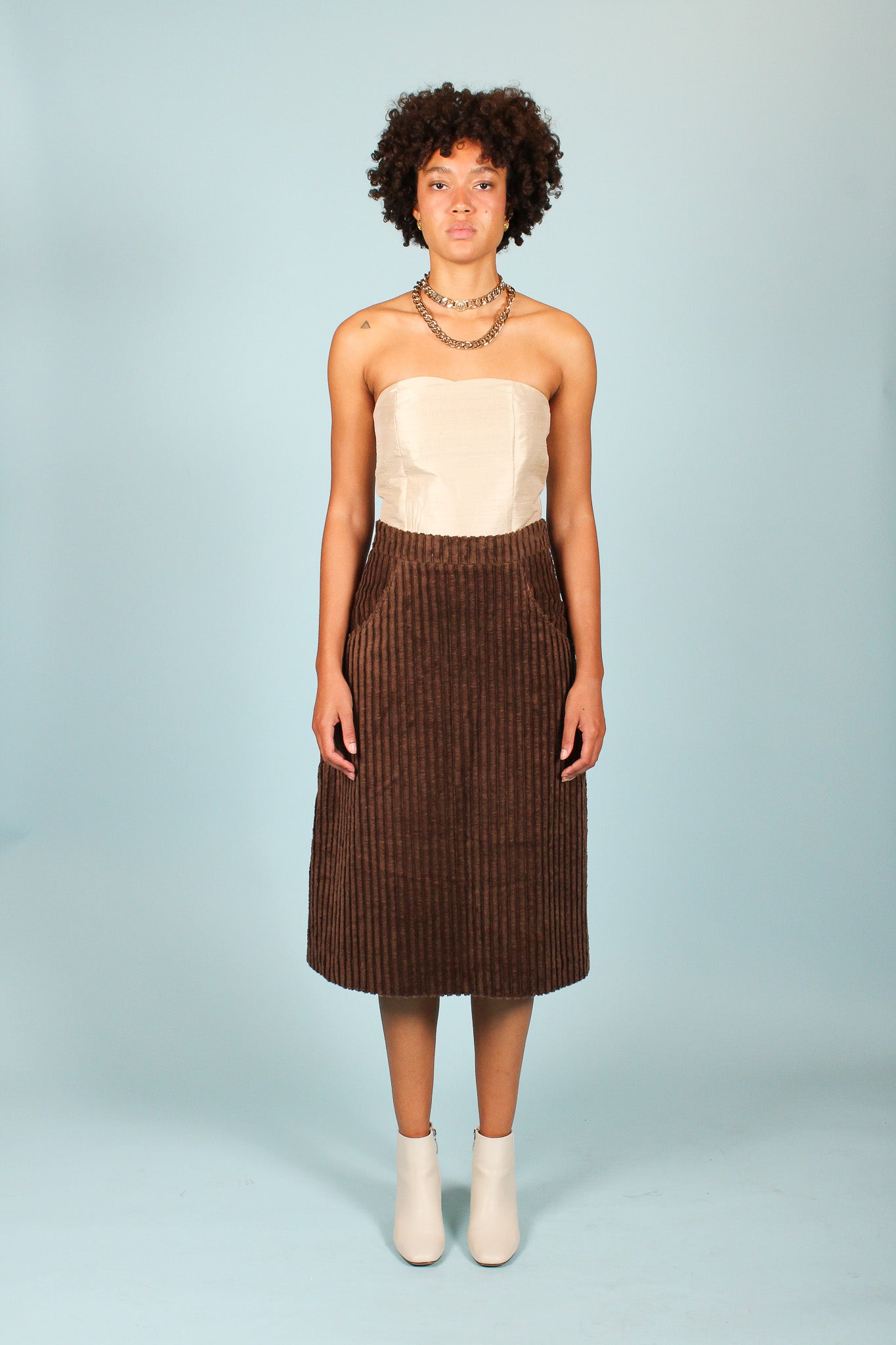 Handmade Corduroy Midi Skirt in Chocolate, Size M