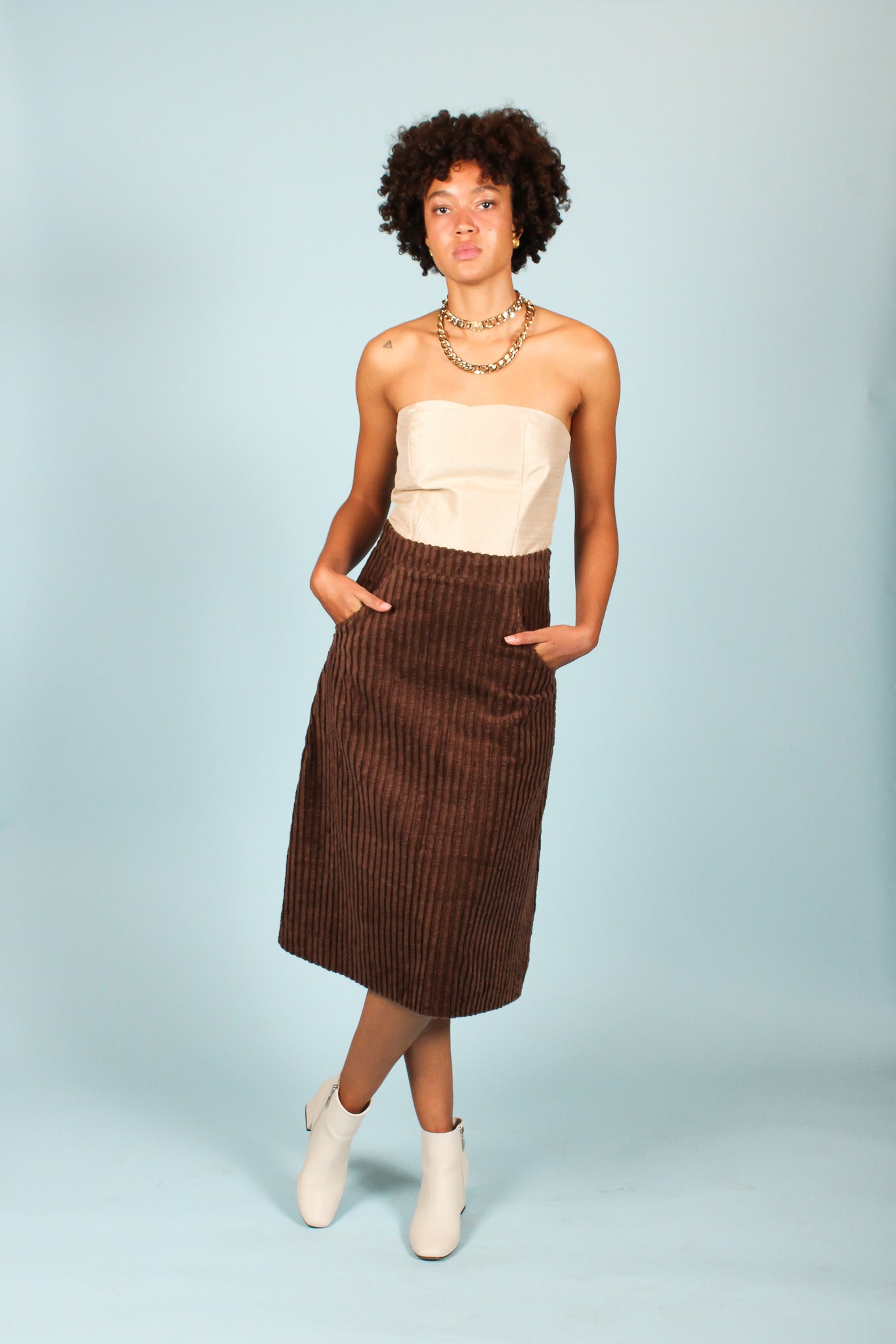 Handmade Corduroy Midi Skirt in Chocolate, Size M