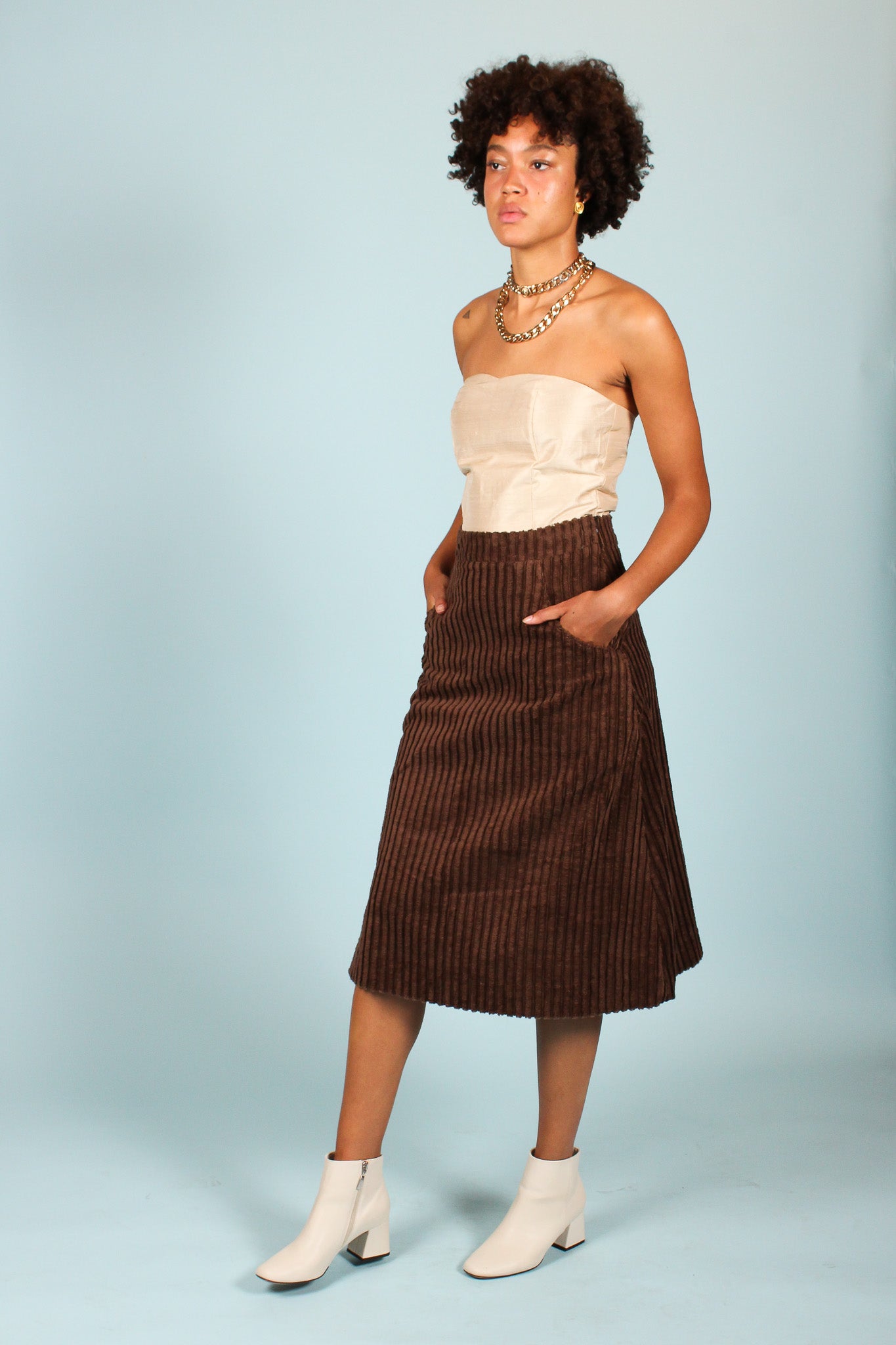 Handmade Corduroy Midi Skirt in Chocolate, Size M