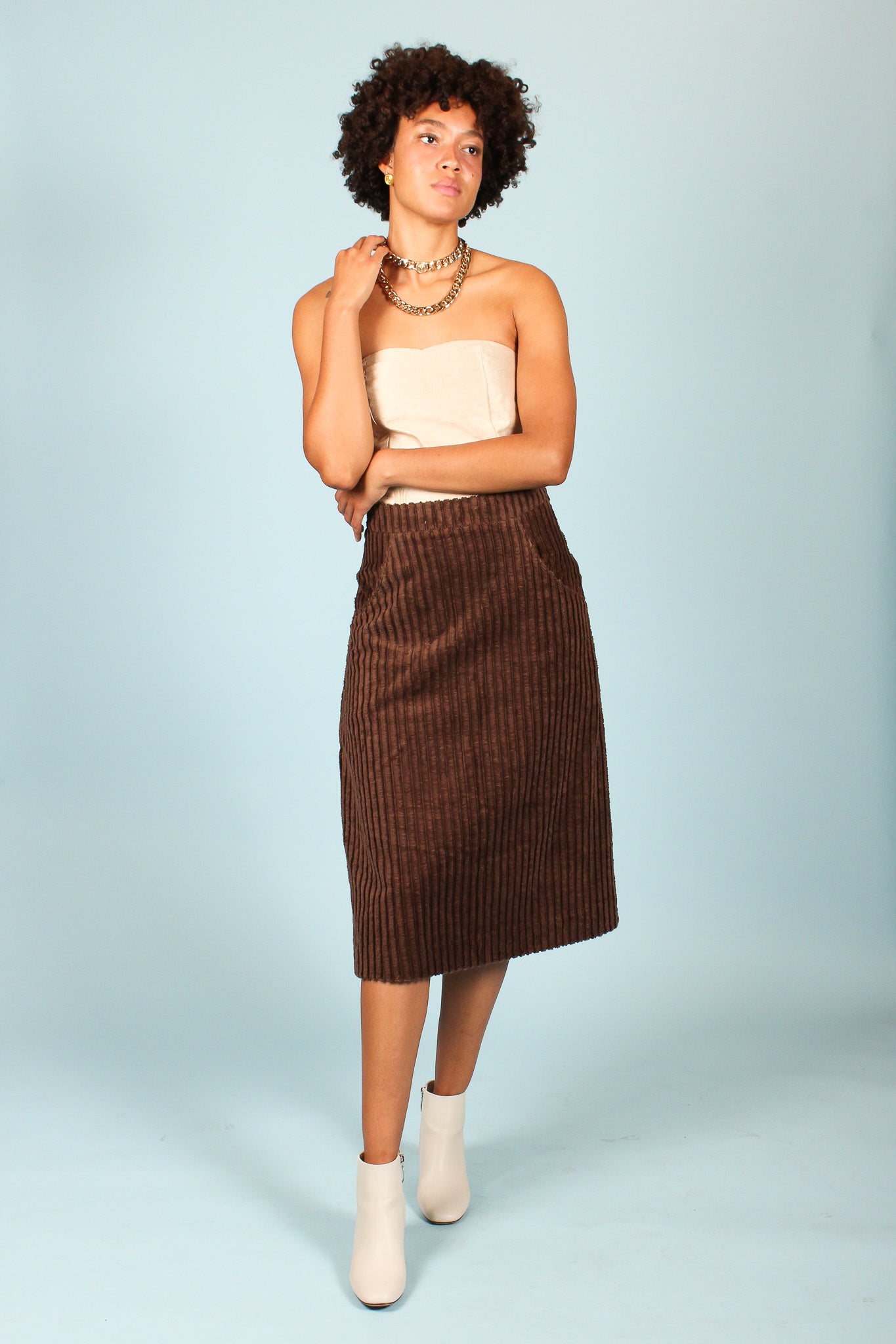 Handmade Corduroy Midi Skirt in Chocolate, Size M