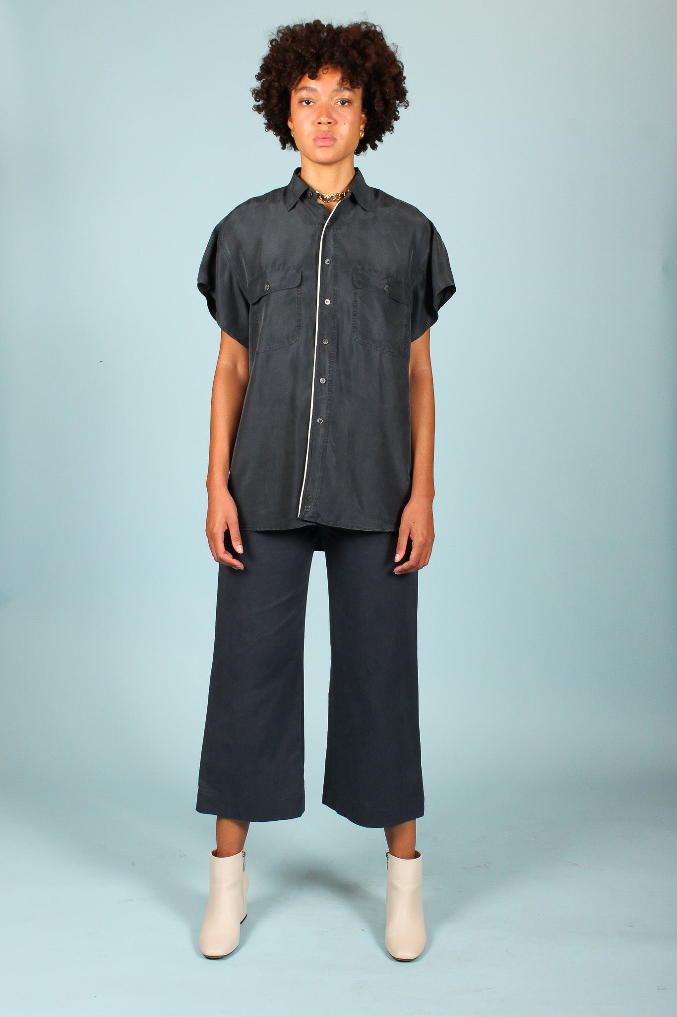 Redesigned Silk Trim Shirt in Slate Size L
