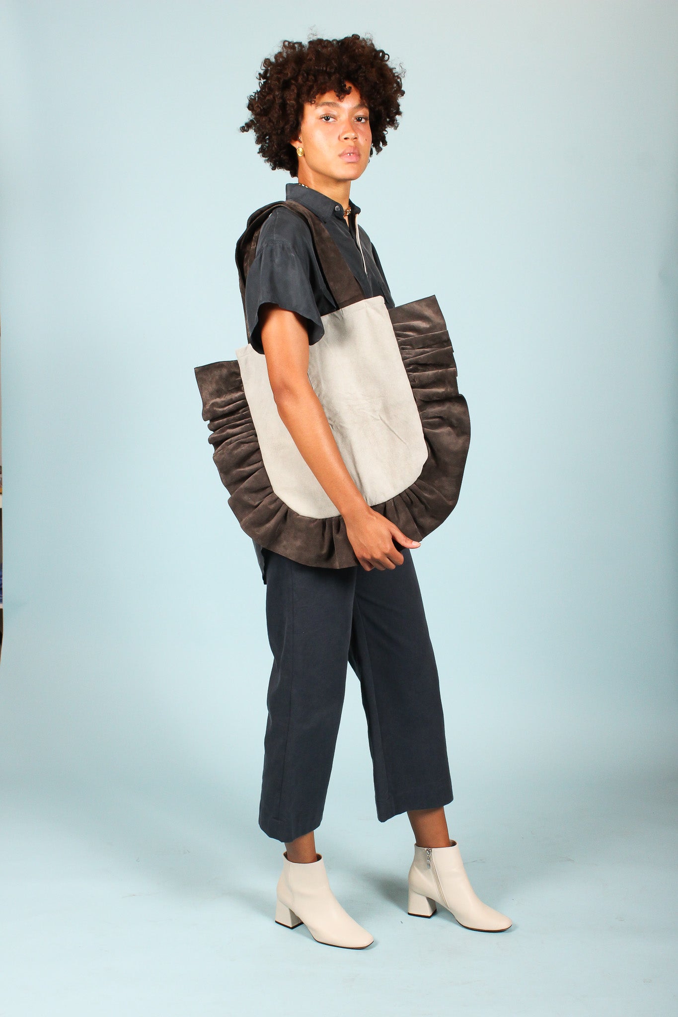 Ruffle Suede Shoulder Bag in Glacier & Stone
