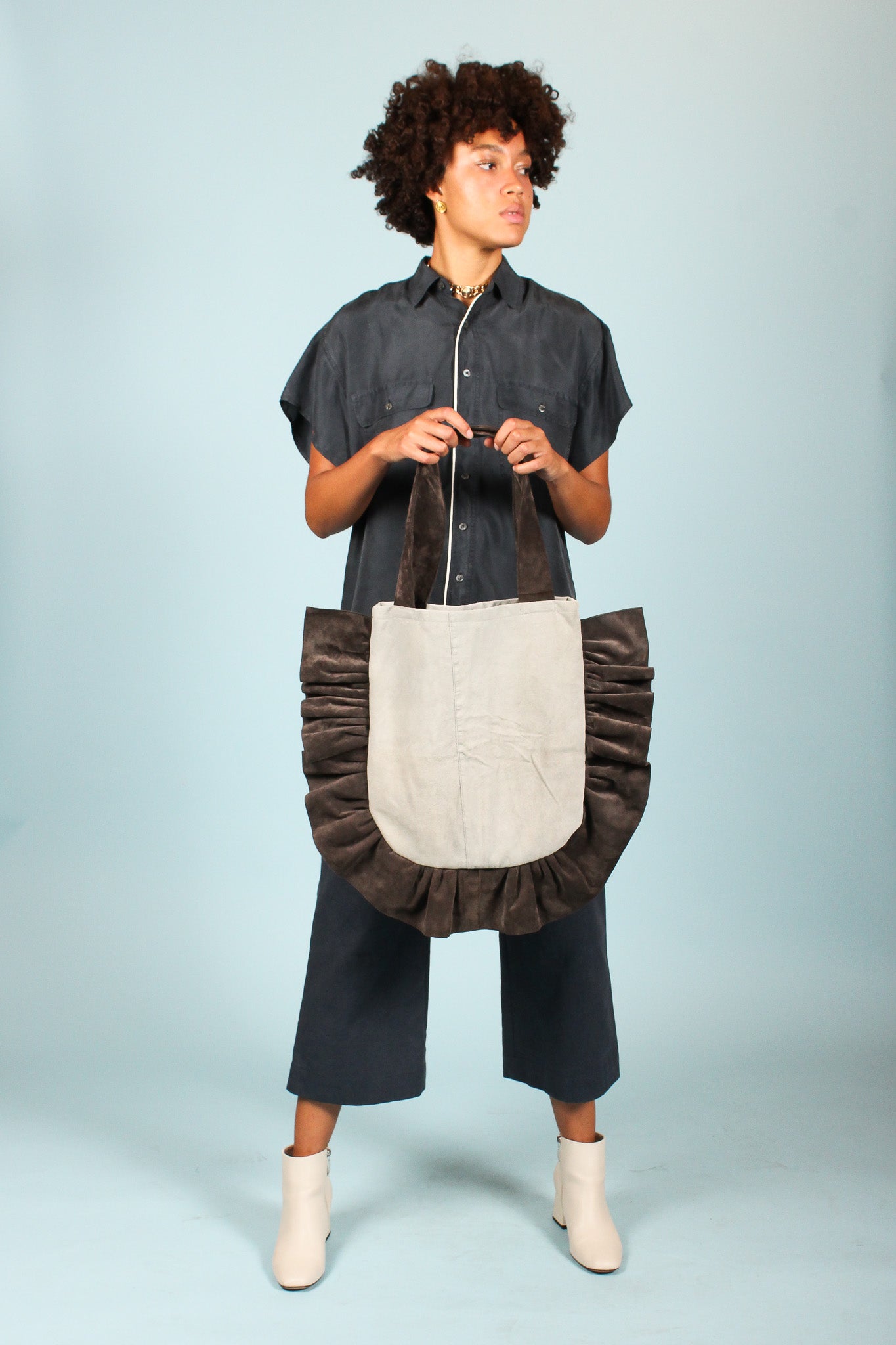 Ruffle Suede Shoulder Bag in Glacier & Stone
