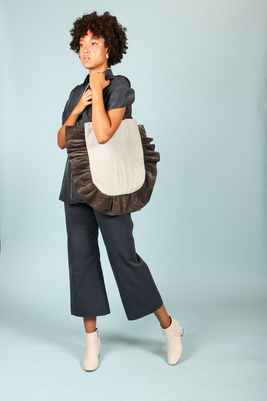 Ruffle Suede Shoulder Bag in Glacier & Stone