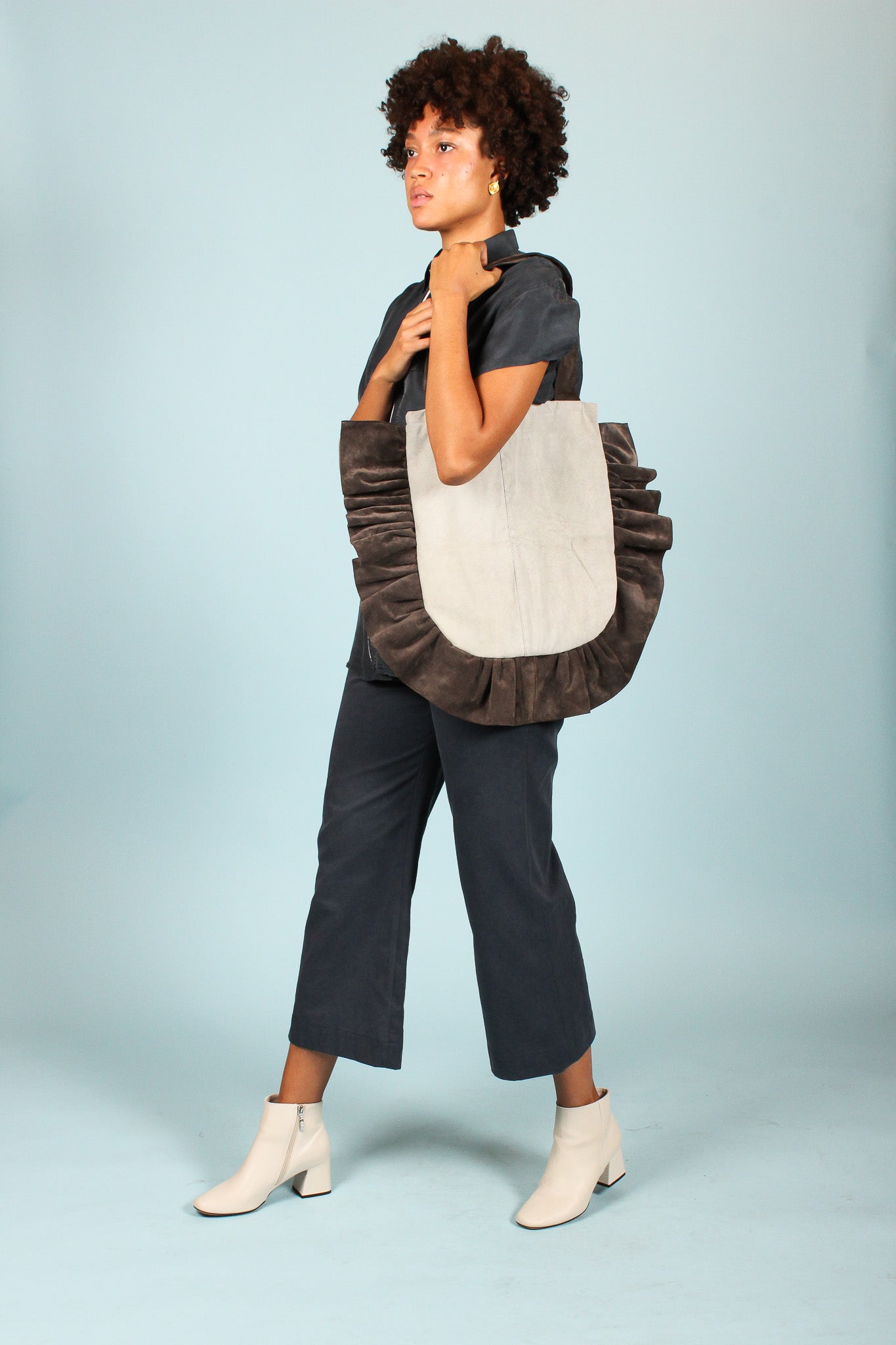 Ruffle Suede Shoulder Bag in Glacier & Stone