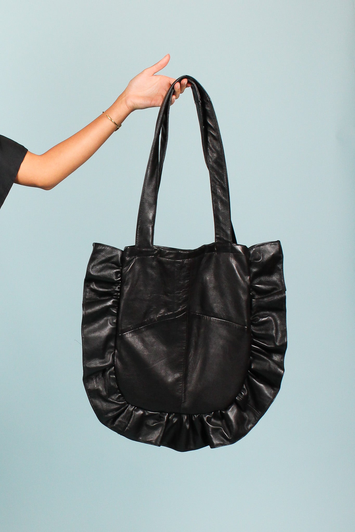 Upcycled Ruffle Leather Shoulder Bag in Ebony