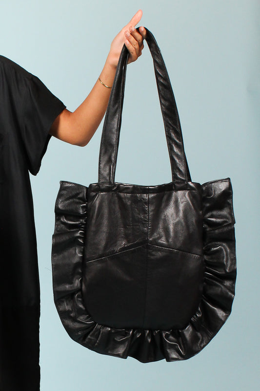 Upcycled Ruffle Leather Shoulder Bag in Ebony