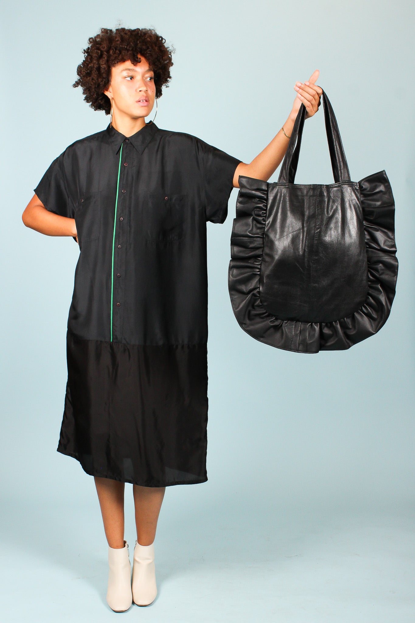 Upcycled Ruffle Leather Shoulder Bag in Ebony