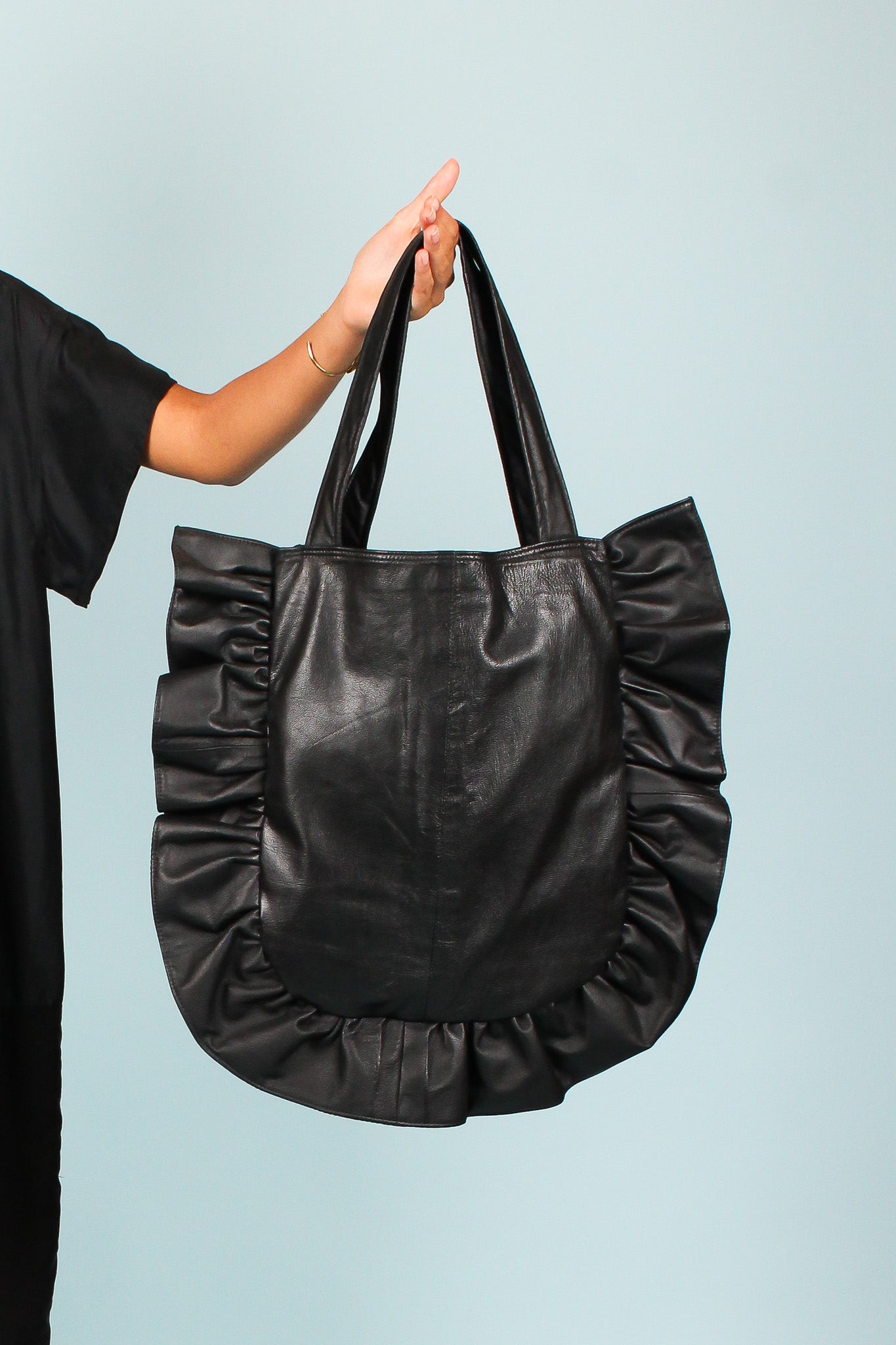 Upcycled Ruffle Leather Shoulder Bag in Ebony