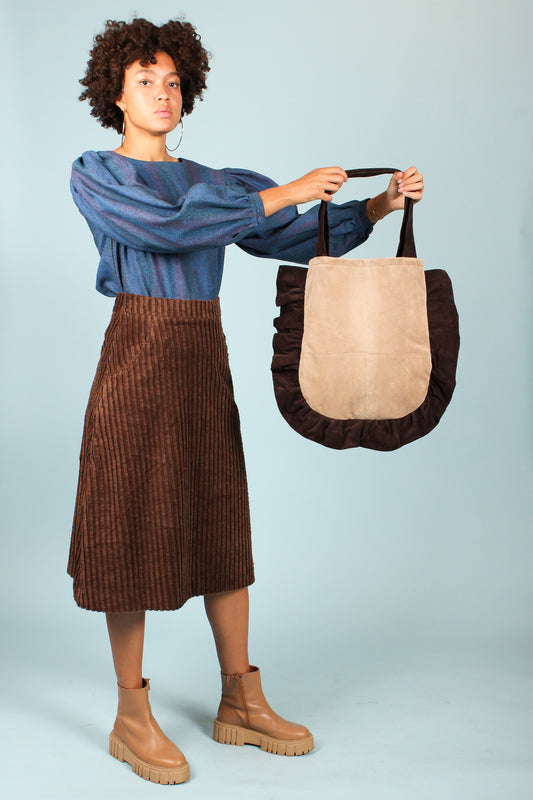 Ruffle Suede Shoulder Bag in Almond & Chocolate