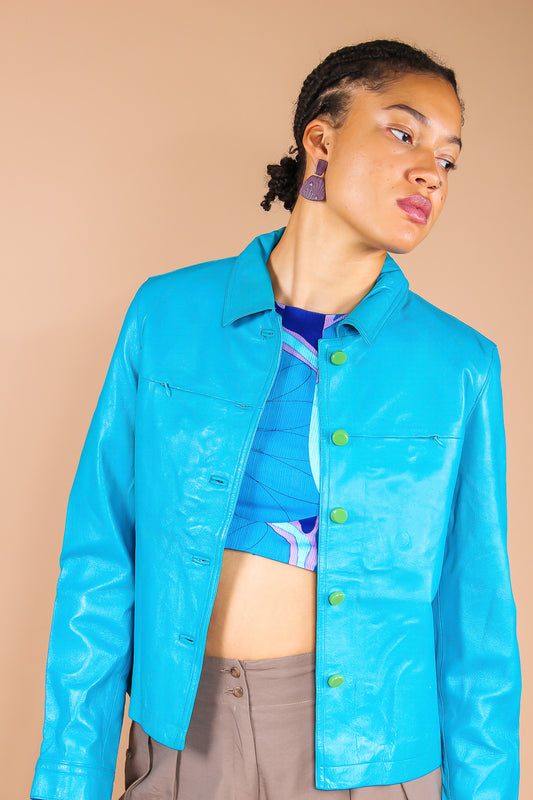 Redesigned Teal Leather Jacket Size M