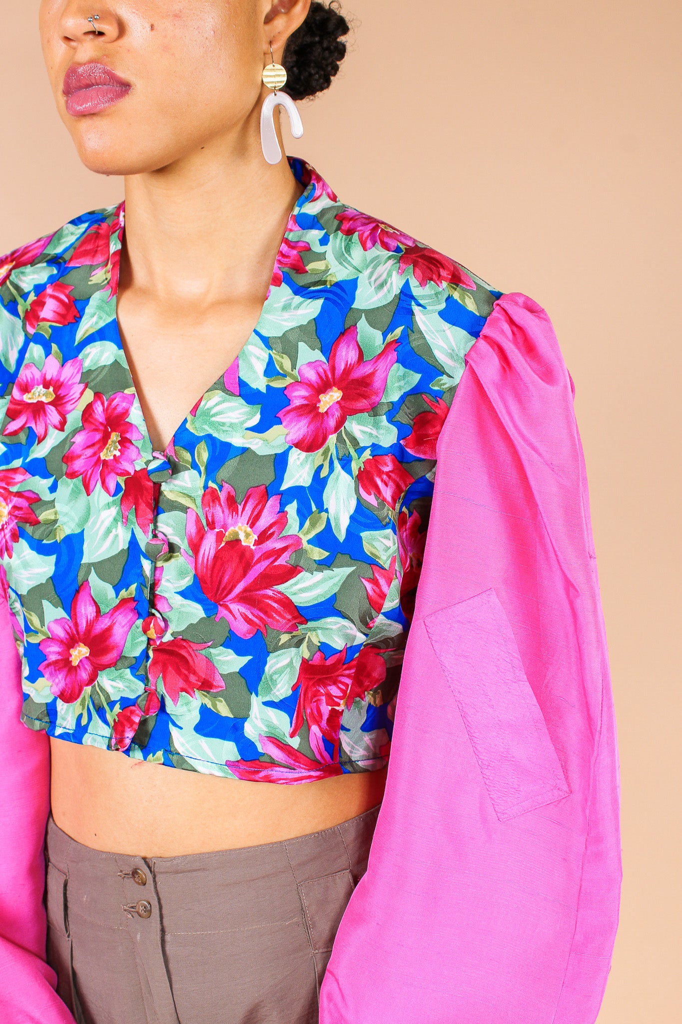 Upcycled Floral Silk Crop Blouse Size M