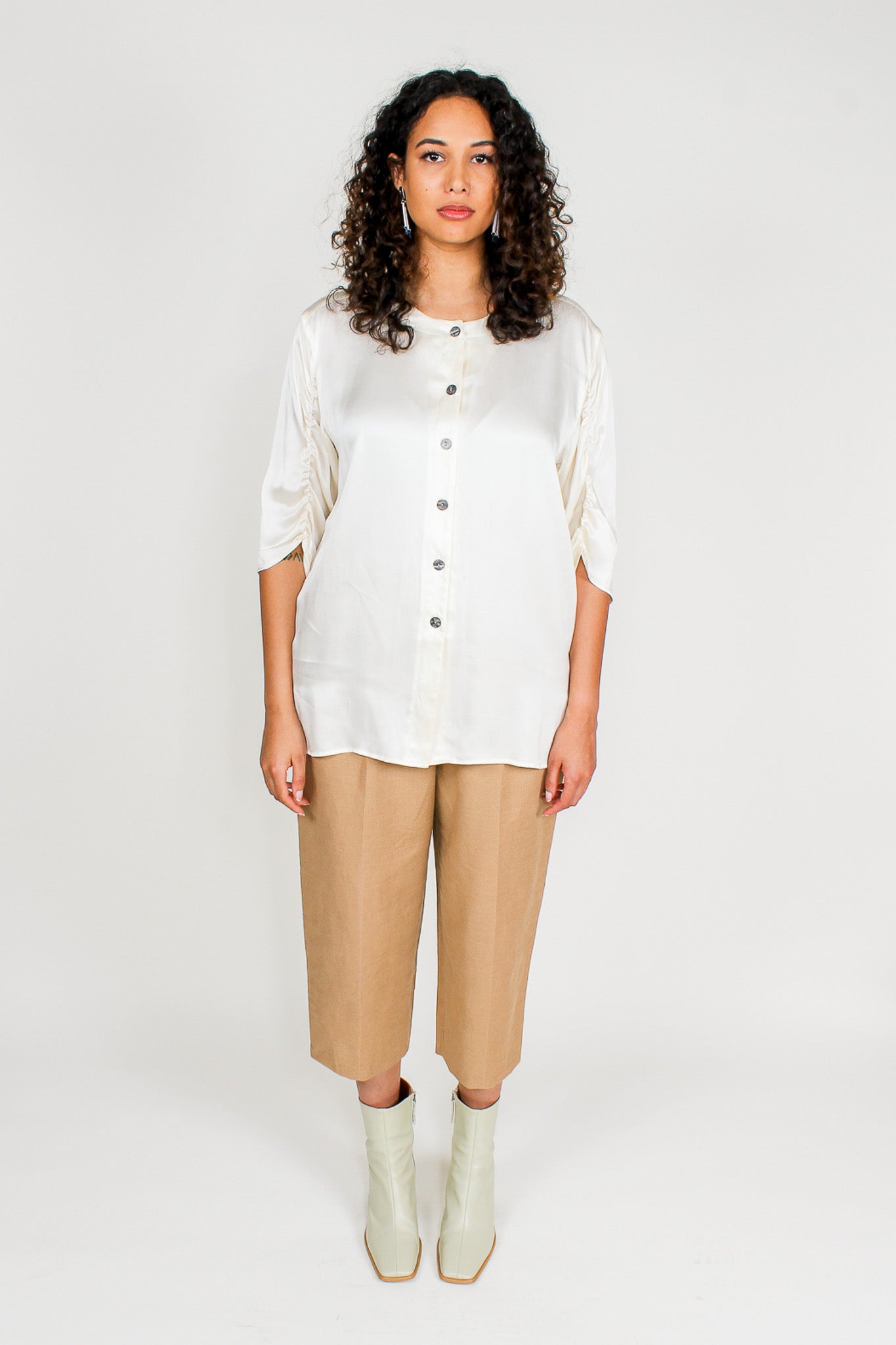 Ivory Gathered Sleeve Silk Shirt Size L