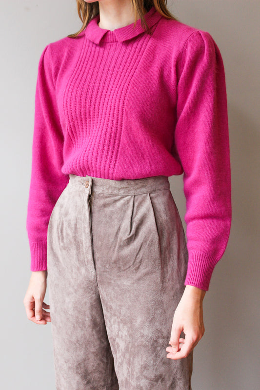 Vintage Fuchsia Lambswool Puff Sleeve Sweater Size S