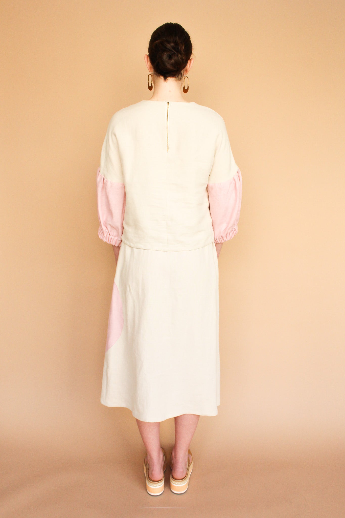 Handmade Lantern Sleeve Linen Top in Natural + Rose Size M