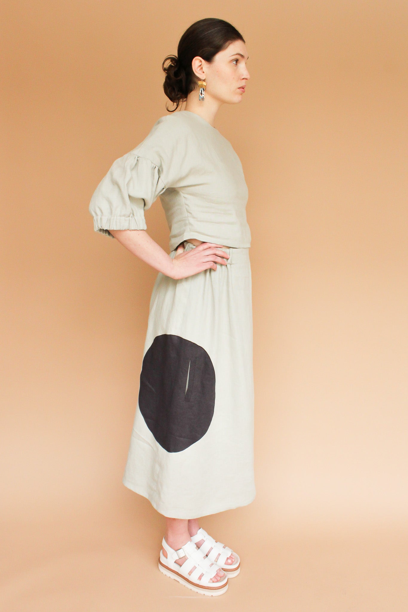Handmade Linen Double Circle Pocket Skirt in Stone + Dark Grey Size M