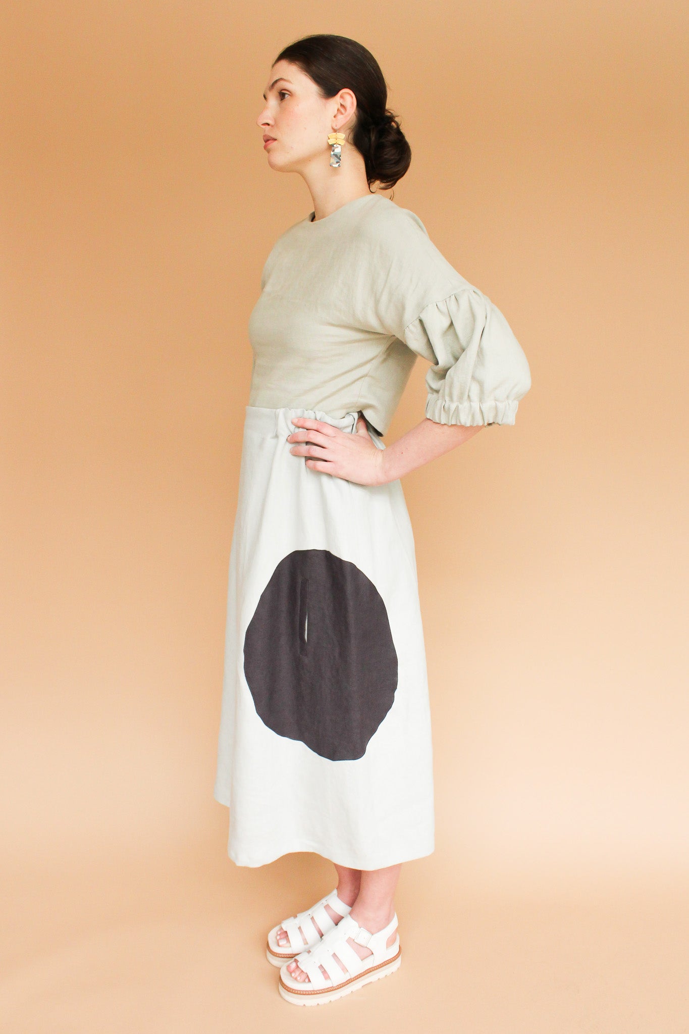 Handmade Linen Circle Pocket Skirt in Light + Dark Grey Size S, M, L