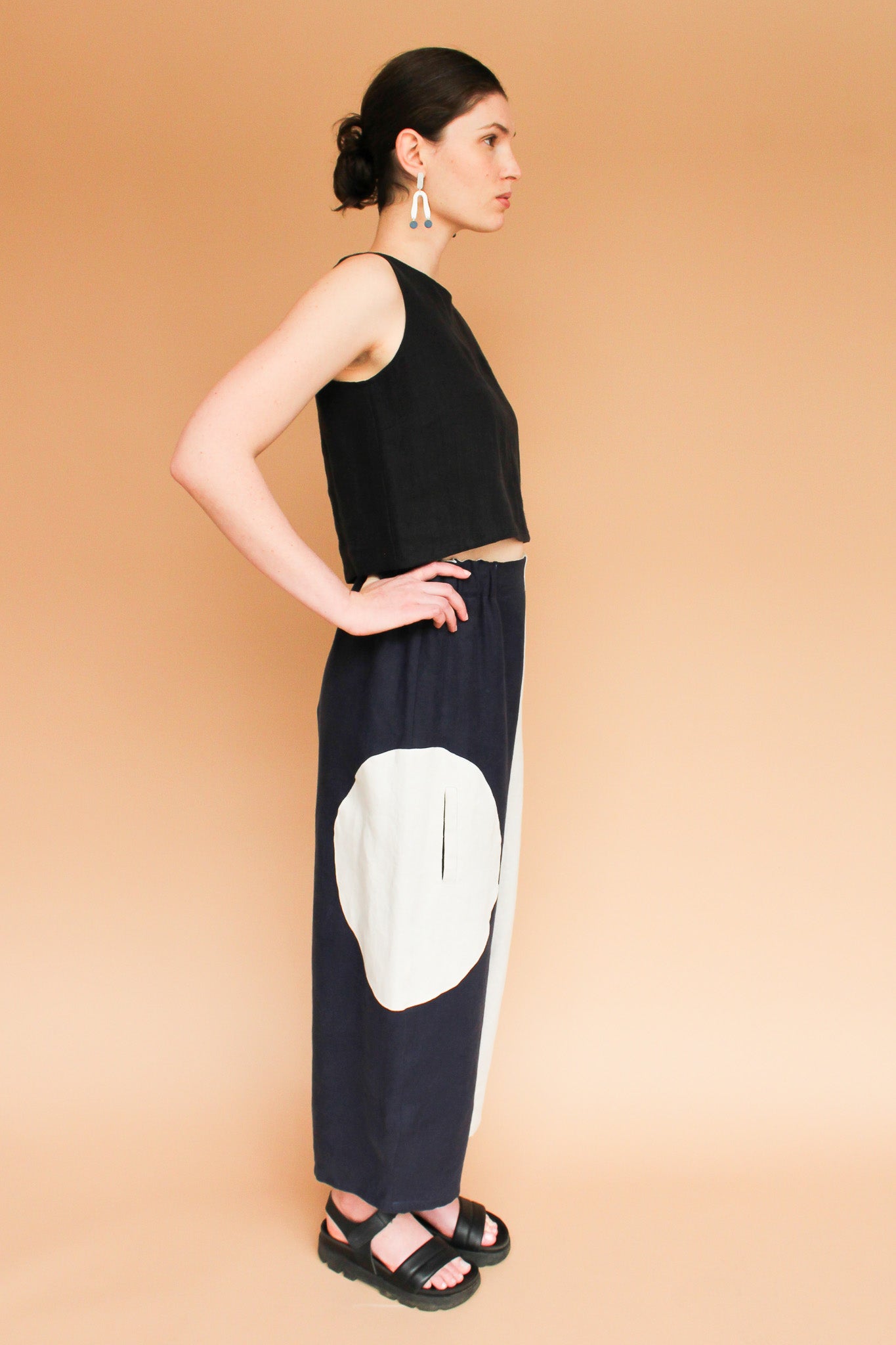 Handmade Circle Pocket Linen Pants in Midnight/Moon Size S-XL