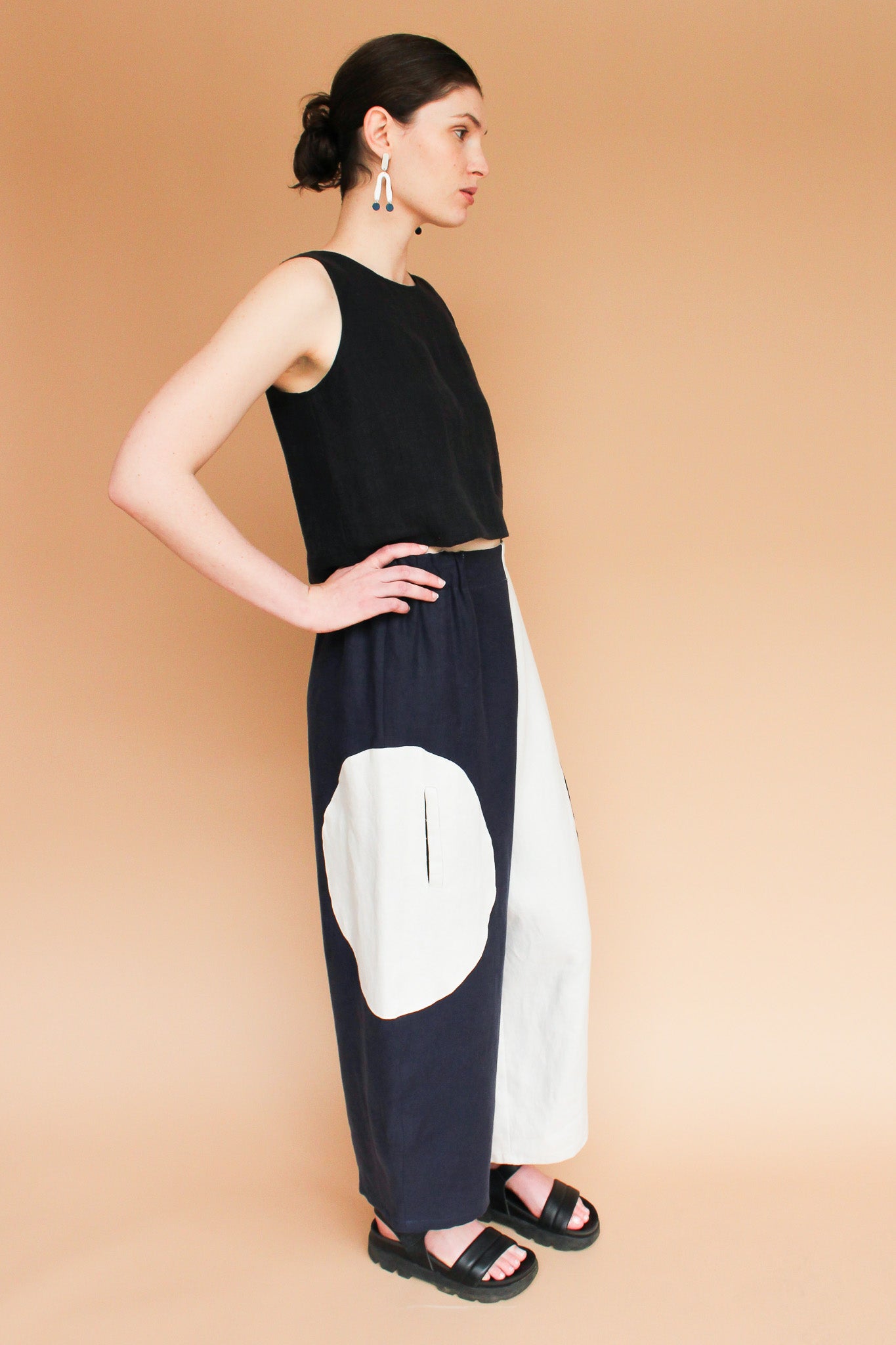 Handmade Circle Pocket Linen Pants in Midnight/Moon Size S-XL