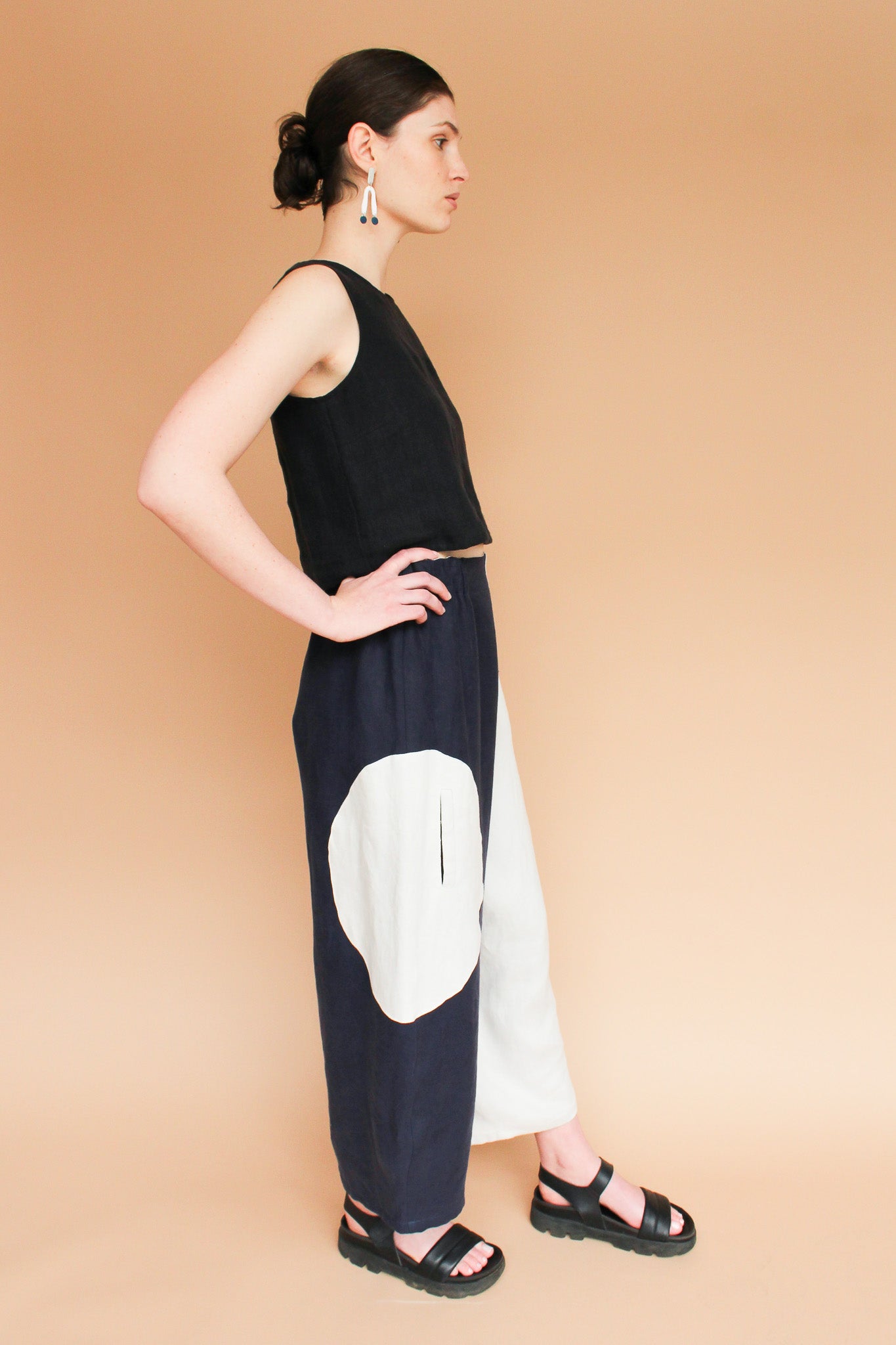 Handmade Circle Pocket Linen Pants in Midnight/Moon Size S-XL