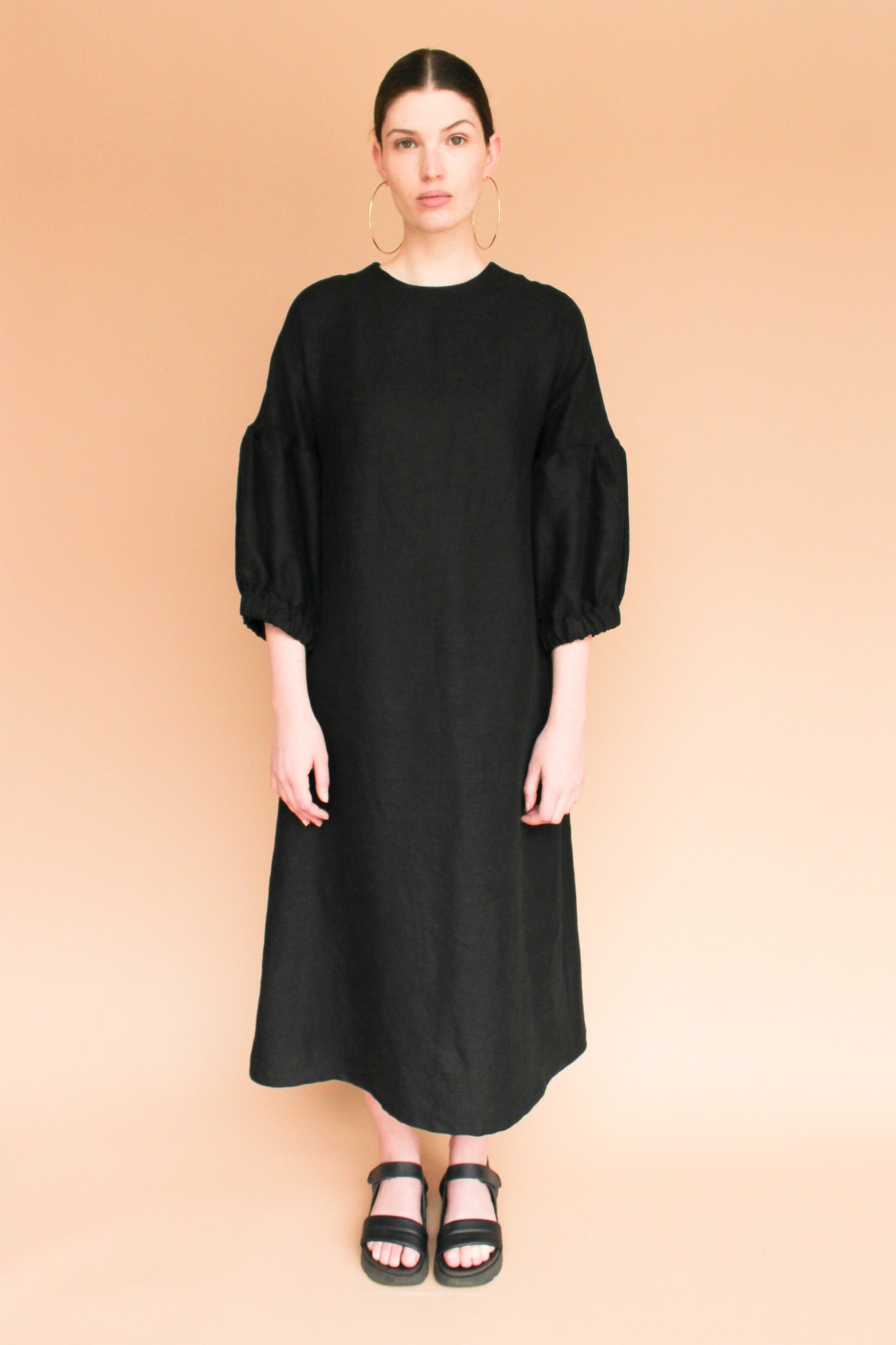 Handmade Lantern Sleeve Linen Midi Dress in Onyx Size M