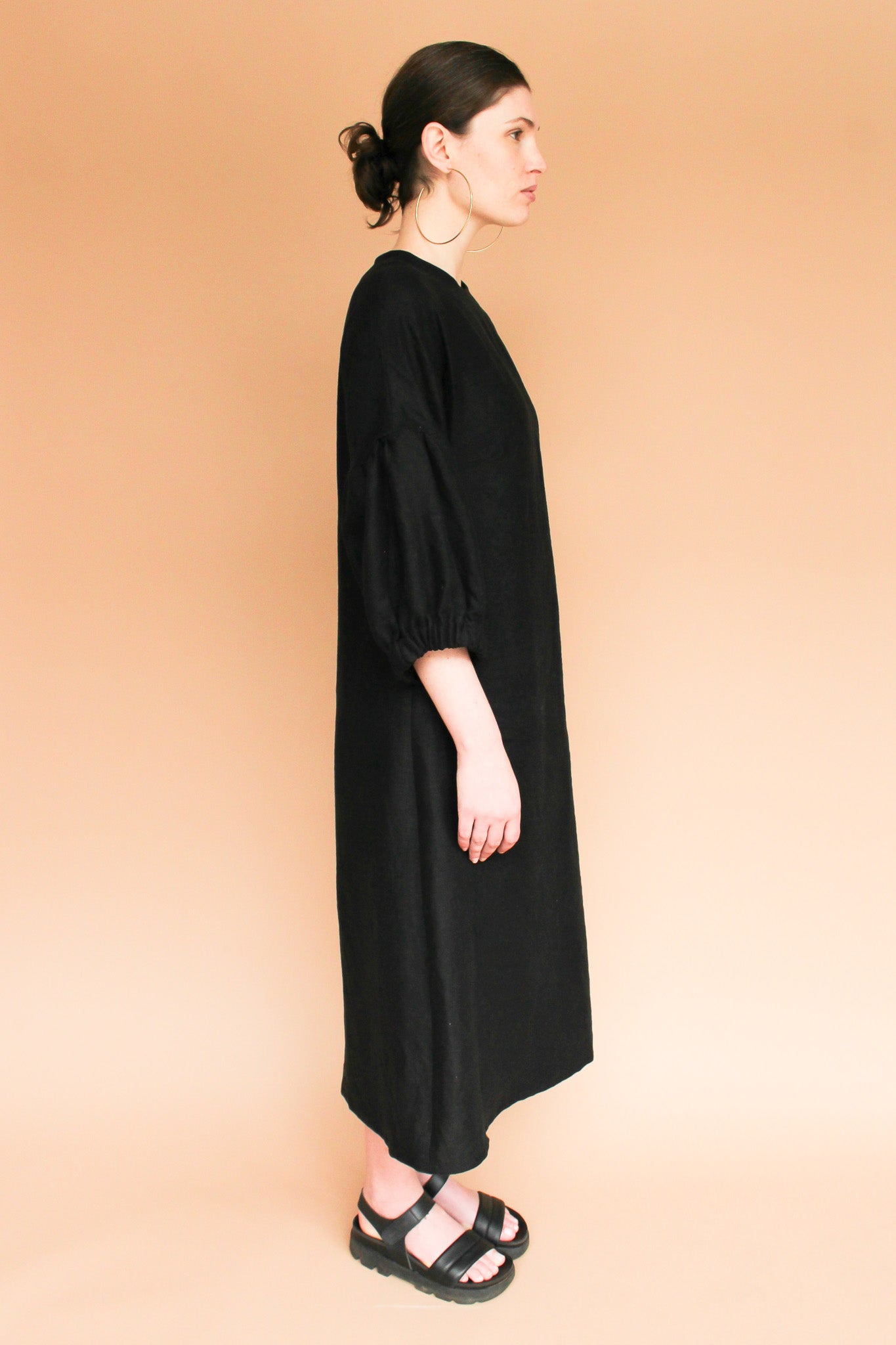 Handmade Lantern Sleeve Linen Midi Dress in Onyx Size M