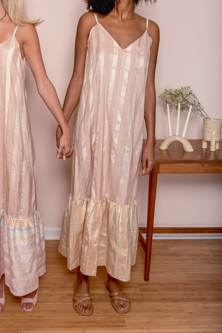 Blush Stripe Silk Dress with Peachy Ruffle Size S